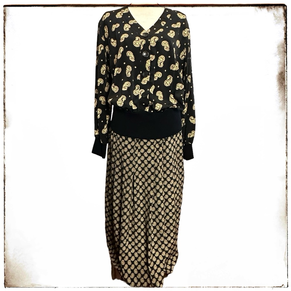 Sunshine Starshine Dress 16 Blouson Paisley Vintage Maxi Long Sleeve